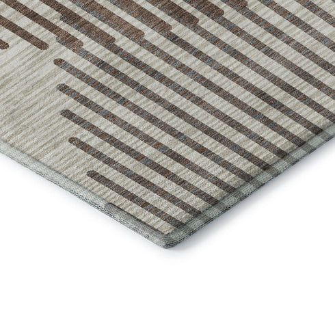 8' Brown And Ivory Geometric Washable Round Rug With UV Protection