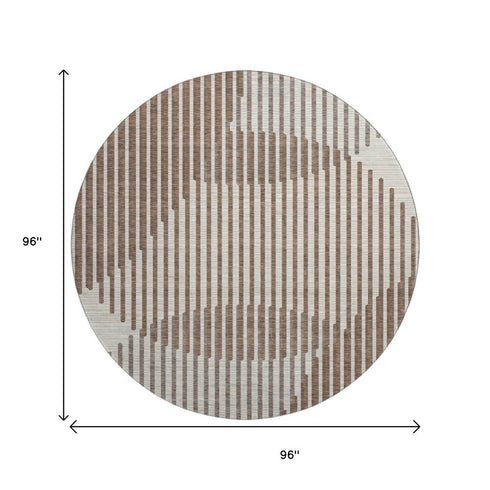 8' Brown And Ivory Geometric Washable Round Rug With UV Protection