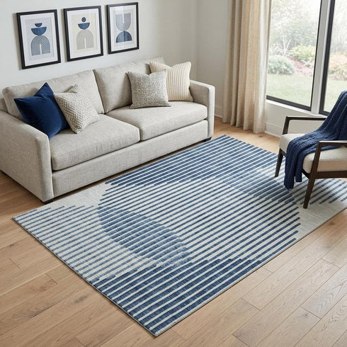 5' X 8' Blue And Ivory Geometric Washable Area Rug With UV Protection