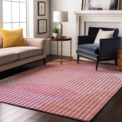 9' X 12' Pink Ivory And Orange Geometric Washable Area Rug With UV Protection