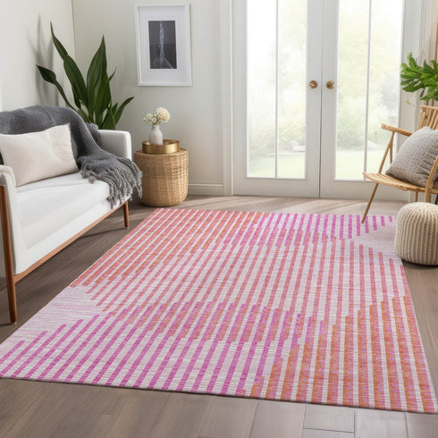 9' X 12' Pink Ivory And Orange Geometric Washable Area Rug With UV Protection