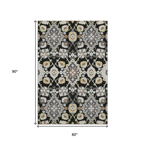 5' X 8' Black Gold And Gray Oriental Washable Area Rug With UV Protection