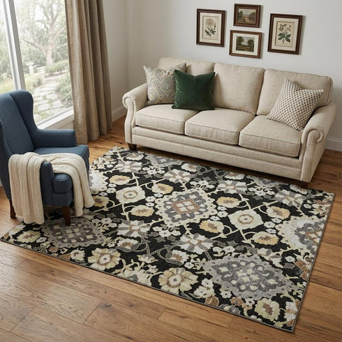 5' X 8' Black Gold And Gray Oriental Washable Area Rug With UV Protection