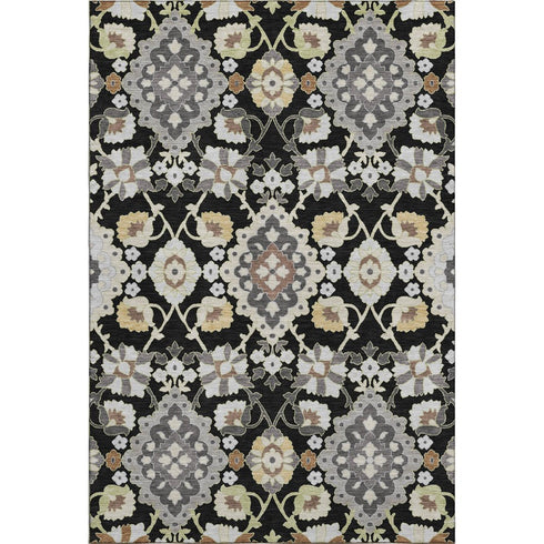 5' X 8' Black Gold And Gray Oriental Washable Area Rug With UV Protection