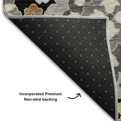 5' X 8' Black Gold And Gray Oriental Washable Area Rug With UV Protection