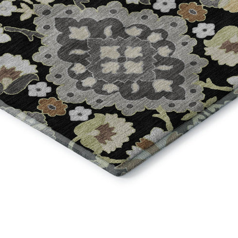 5' X 8' Black Gold And Gray Oriental Washable Area Rug With UV Protection