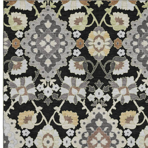 5' X 8' Black Gold And Gray Oriental Washable Area Rug With UV Protection