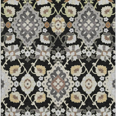 5' X 8' Black Gold And Gray Oriental Washable Area Rug With UV Protection