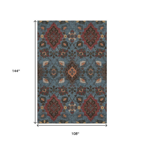 9' X 12' Denim Blue Red And Salmon Oriental Washable Area Rug With UV Protection