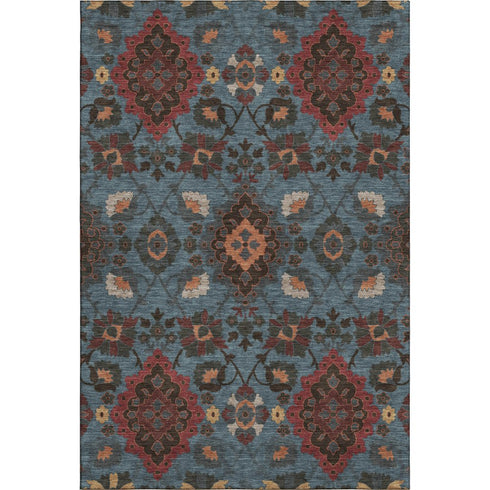 9' X 12' Denim Blue Red And Salmon Oriental Washable Area Rug With UV Protection