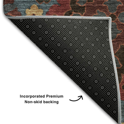 9' X 12' Denim Blue Red And Salmon Oriental Washable Area Rug With UV Protection