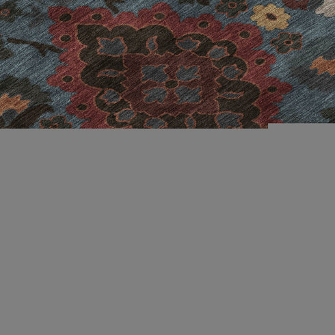 9' X 12' Denim Blue Red And Salmon Oriental Washable Area Rug With UV Protection