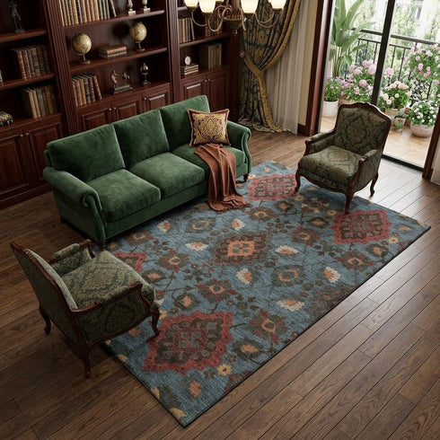 9' X 12' Denim Blue Red And Salmon Oriental Washable Area Rug With UV Protection