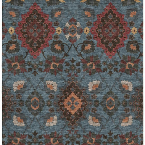 9' X 12' Denim Blue Red And Salmon Oriental Washable Area Rug With UV Protection