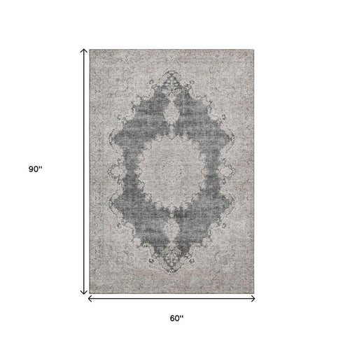 5' X 8' Black Beige And Gray Oriental Washable Area Rug With UV Protection