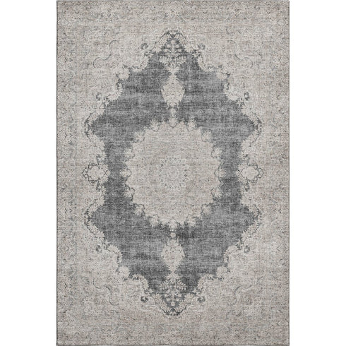 5' X 8' Black Beige And Gray Oriental Washable Area Rug With UV Protection