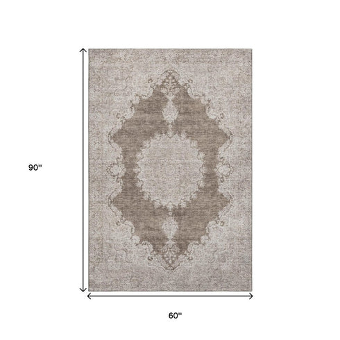5' X 8' Brown Ivory And Beige Oriental Washable Area Rug With UV Protection