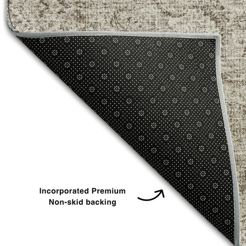 5' X 8' Brown Ivory And Beige Oriental Washable Area Rug With UV Protection