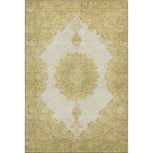 5' X 8' Gold Ivory And Gray Oriental Washable Area Rug With UV Protection