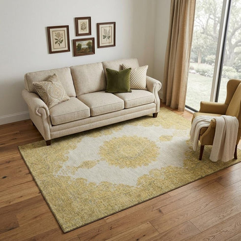 5' X 8' Gold Ivory And Gray Oriental Washable Area Rug With UV Protection