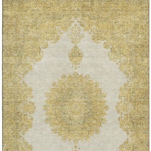 5' X 8' Gold Ivory And Gray Oriental Washable Area Rug With UV Protection