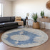 8' Navy Blue Gray And Ivory Oriental Washable Round Rug With UV Protection