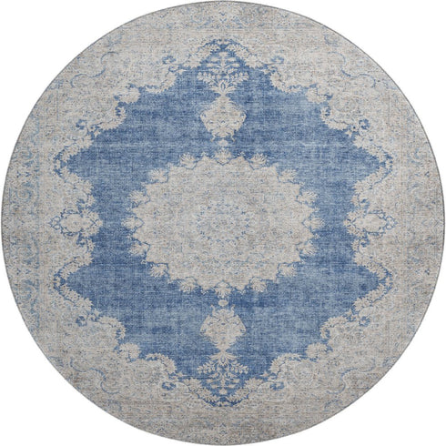 8' Navy Blue Gray And Ivory Oriental Washable Round Rug With UV Protection