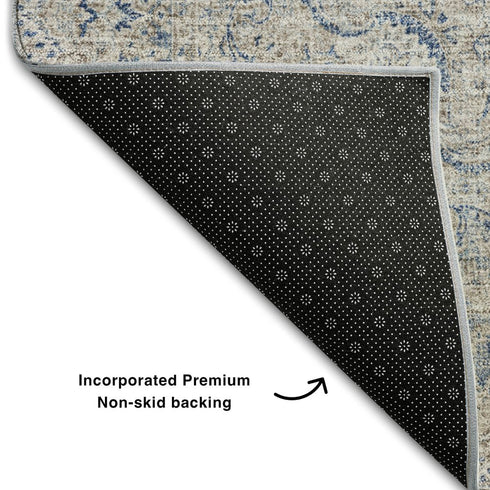 8' Navy Blue Gray And Ivory Oriental Washable Round Rug With UV Protection