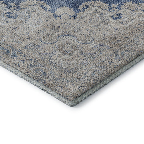 8' Navy Blue Gray And Ivory Oriental Washable Round Rug With UV Protection