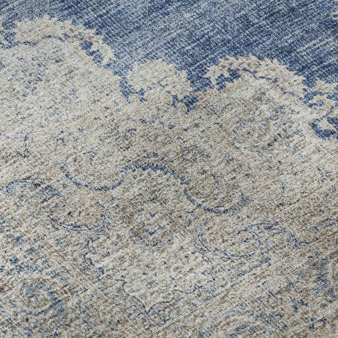 8' Navy Blue Gray And Ivory Oriental Washable Round Rug With UV Protection