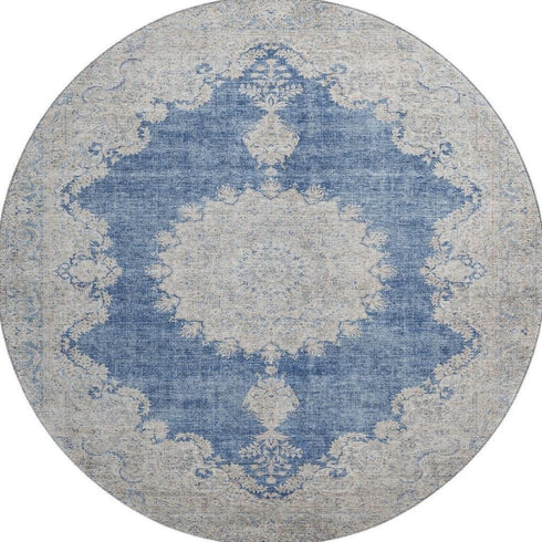 8' Navy Blue Gray And Ivory Oriental Washable Round Rug With UV Protection