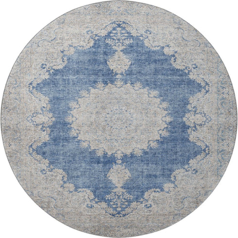 8' Navy Blue Gray And Ivory Oriental Washable Round Rug With UV Protection