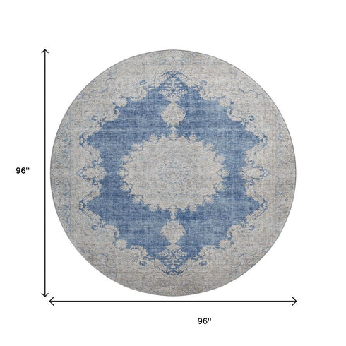 8' Navy Blue Gray And Ivory Oriental Washable Round Rug With UV Protection