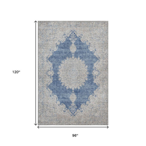 8' X 10' Navy Blue Gray And Ivory Oriental Washable Area Rug With UV Protection