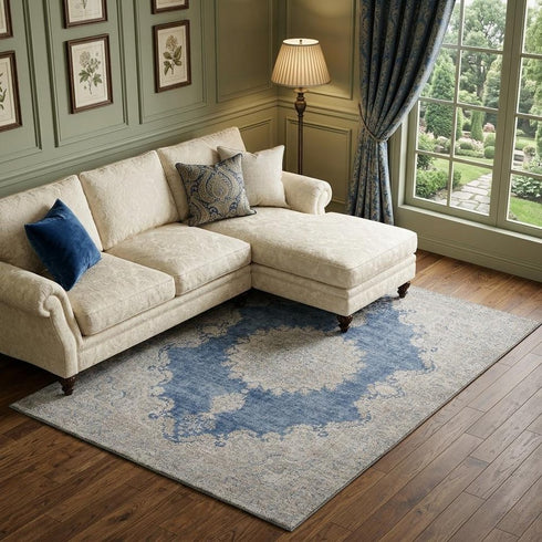 8' X 10' Navy Blue Gray And Ivory Oriental Washable Area Rug With UV Protection