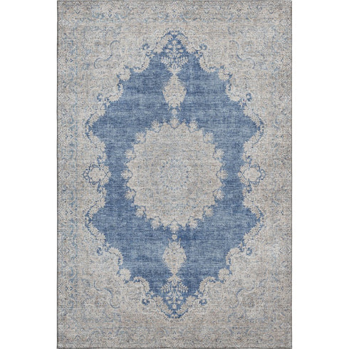 8' X 10' Navy Blue Gray And Ivory Oriental Washable Area Rug With UV Protection