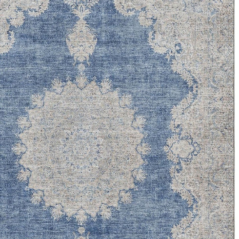 8' X 10' Navy Blue Gray And Ivory Oriental Washable Area Rug With UV Protection