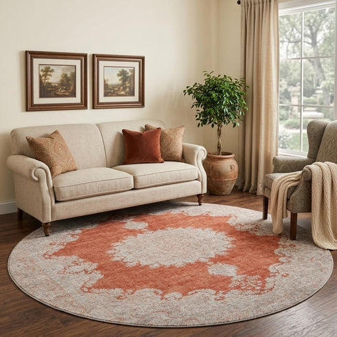 8' Rust And Beige Oriental Washable Round Rug With UV Protection
