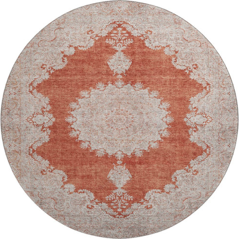 8' Rust And Beige Oriental Washable Round Rug With UV Protection