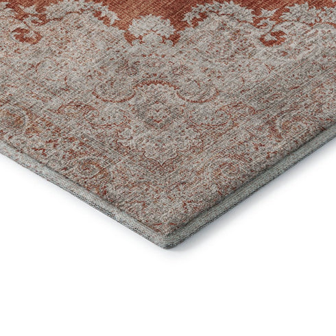 8' Rust And Beige Oriental Washable Round Rug With UV Protection