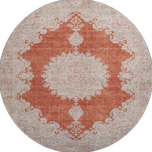 8' Rust And Beige Oriental Washable Round Rug With UV Protection