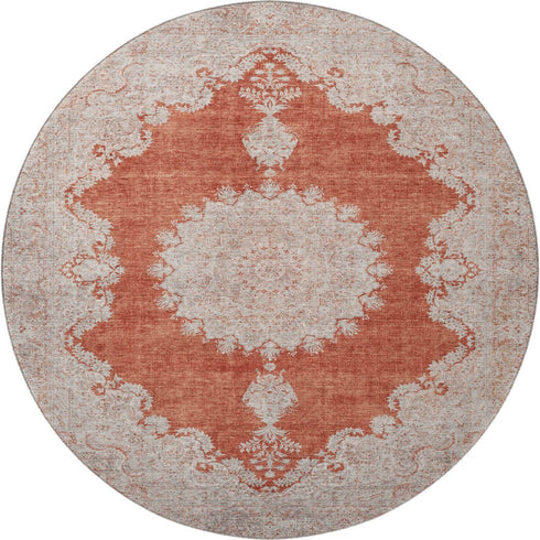 8' Rust And Beige Oriental Washable Round Rug With UV Protection