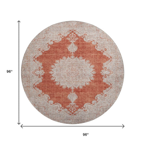 8' Rust And Beige Oriental Washable Round Rug With UV Protection