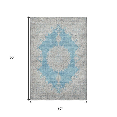 5' X 8' Teal Aqua And Gray Oriental Washable Area Rug With UV Protection
