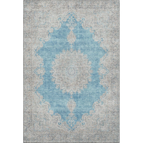 5' X 8' Teal Aqua And Gray Oriental Washable Area Rug With UV Protection