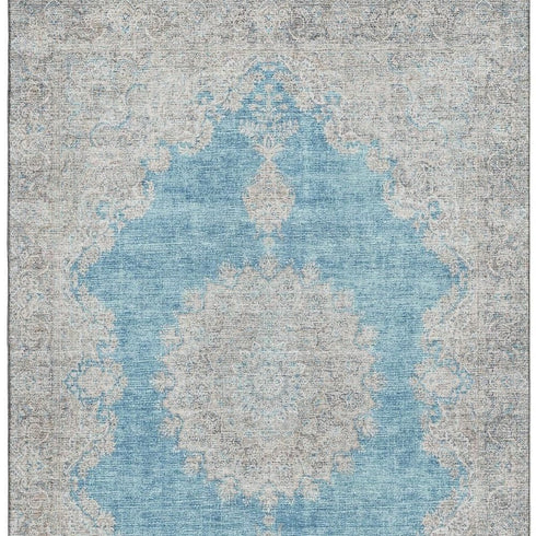 5' X 8' Teal Aqua And Gray Oriental Washable Area Rug With UV Protection