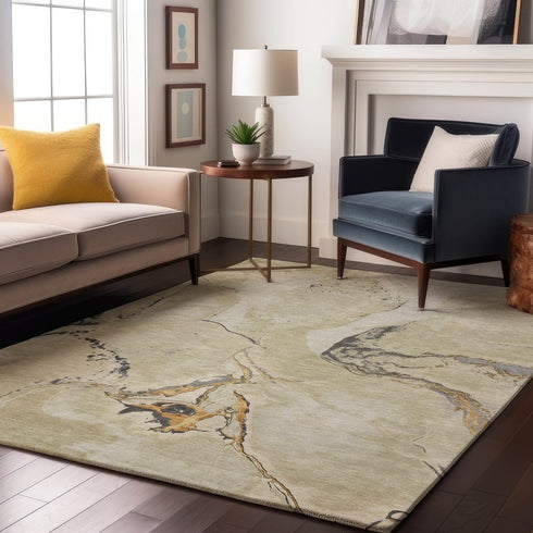 8' X 10' Ivory Beige And Gray Abstract Washable Area Rug With UV Protection