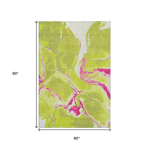 5' X 8' Lime Green Pink And Ivory Abstract Washable Area Rug With UV Protection