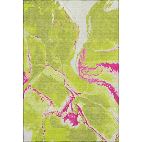 9' X 12' Lime Green Pink And Ivory Abstract Washable Area Rug With UV Protection
