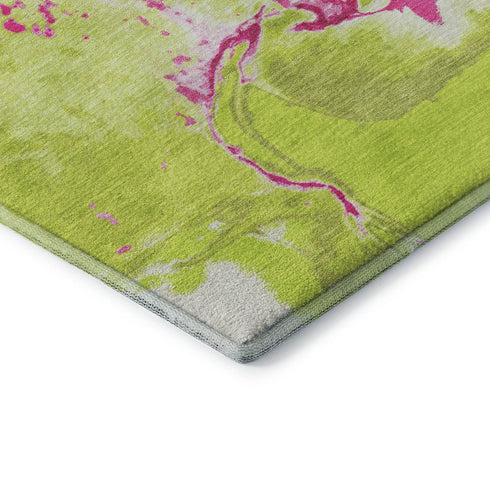 9' X 12' Lime Green Pink And Ivory Abstract Washable Area Rug With UV Protection